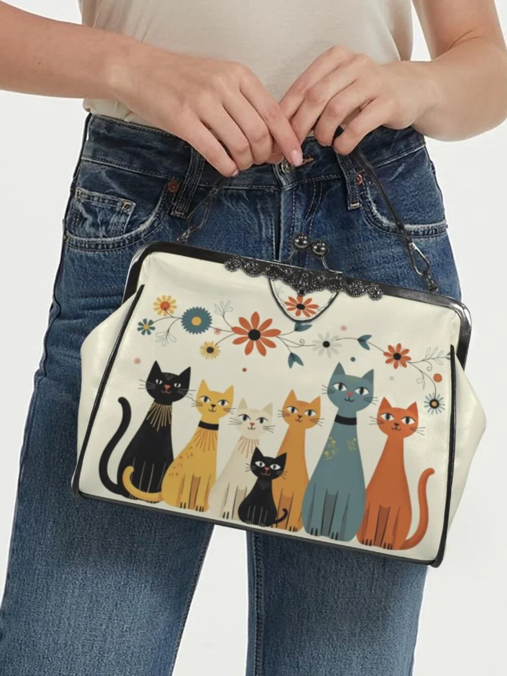Retro Cat Group Kiss Lock Crossbody Shoulder Purse Waxed PU Leather Bag - Picture 3 of 9